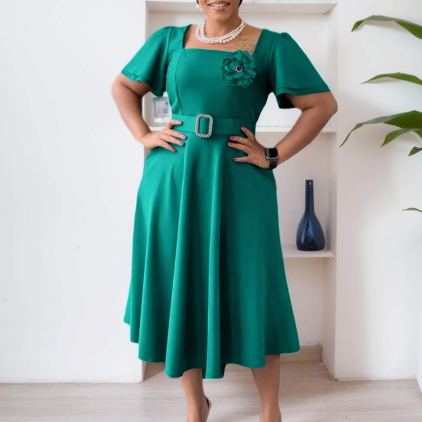Women's Summer Female Fashion Square Collar Solid Color High Waist Dresses