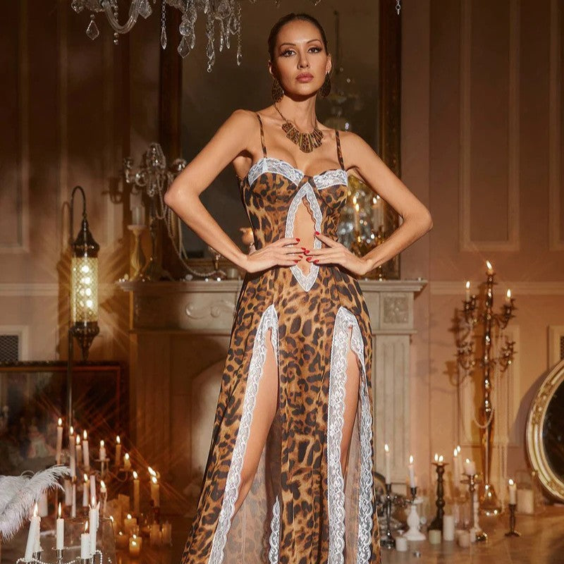 Sexy Leopard Print Strap Hot Lace Patchwork Slit Dresses