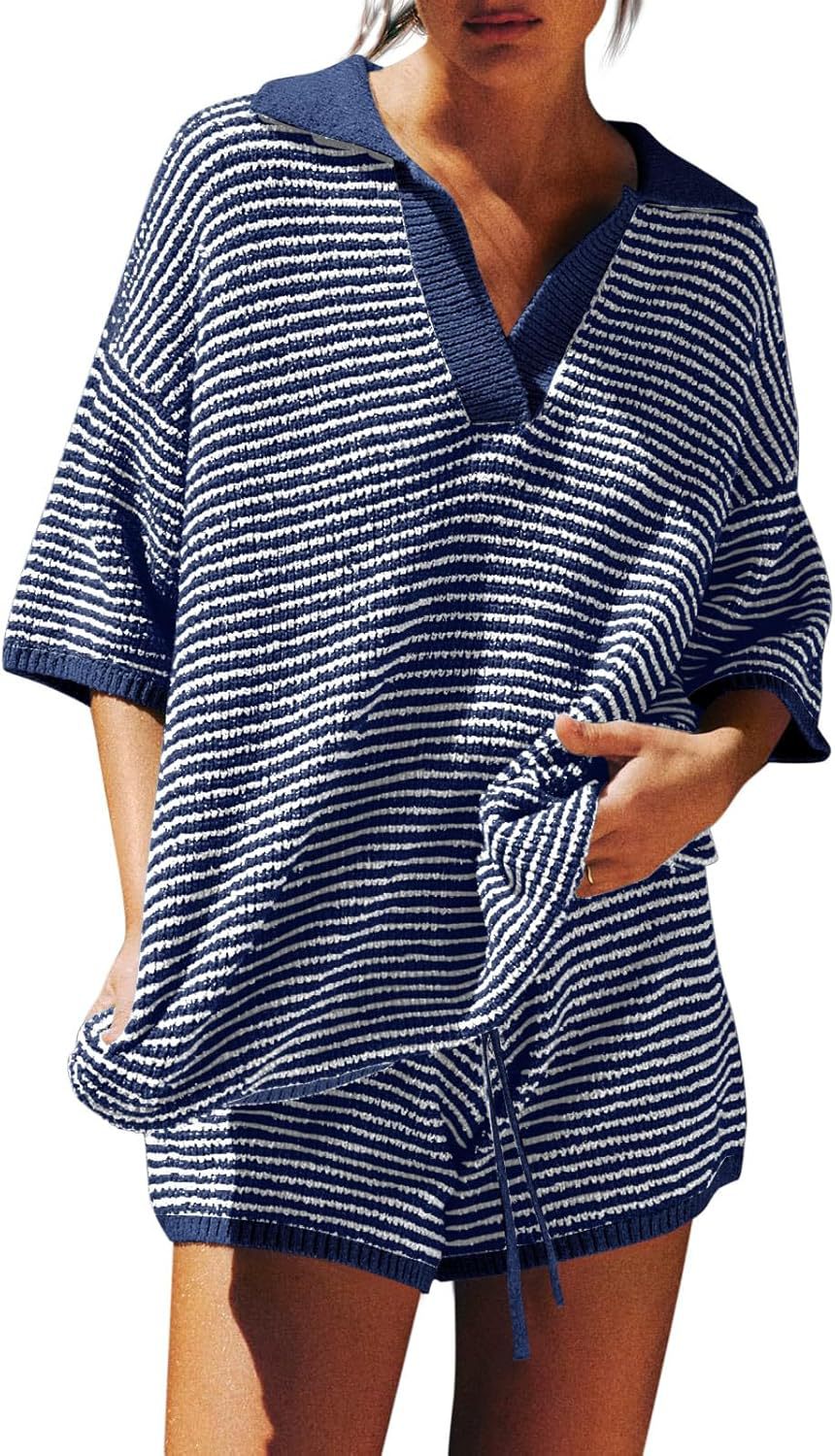 Women's Home Wear Two-piece Large Collar Striped Knitted High Suits