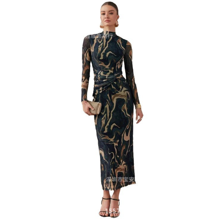 Long Sleeve Round Collar Gauze Printed Dress
