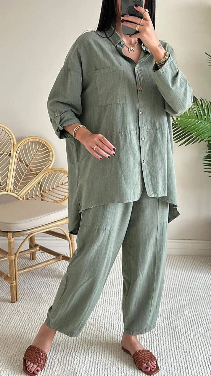 Women's Summer Set Cotton Linen Shirt Outfit Plus Size