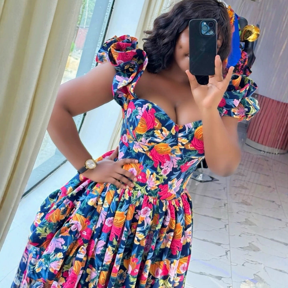 Women's Spring Fashion Print Lace Sleeve Irregular Dresses