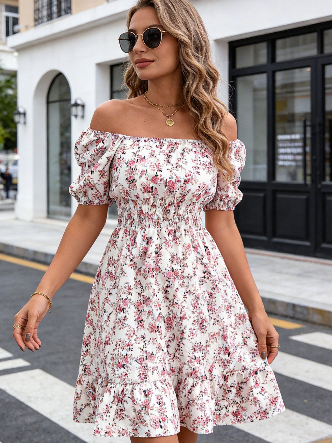 Women's Floral Square Collar Sleeve Ruffled A- Skirts