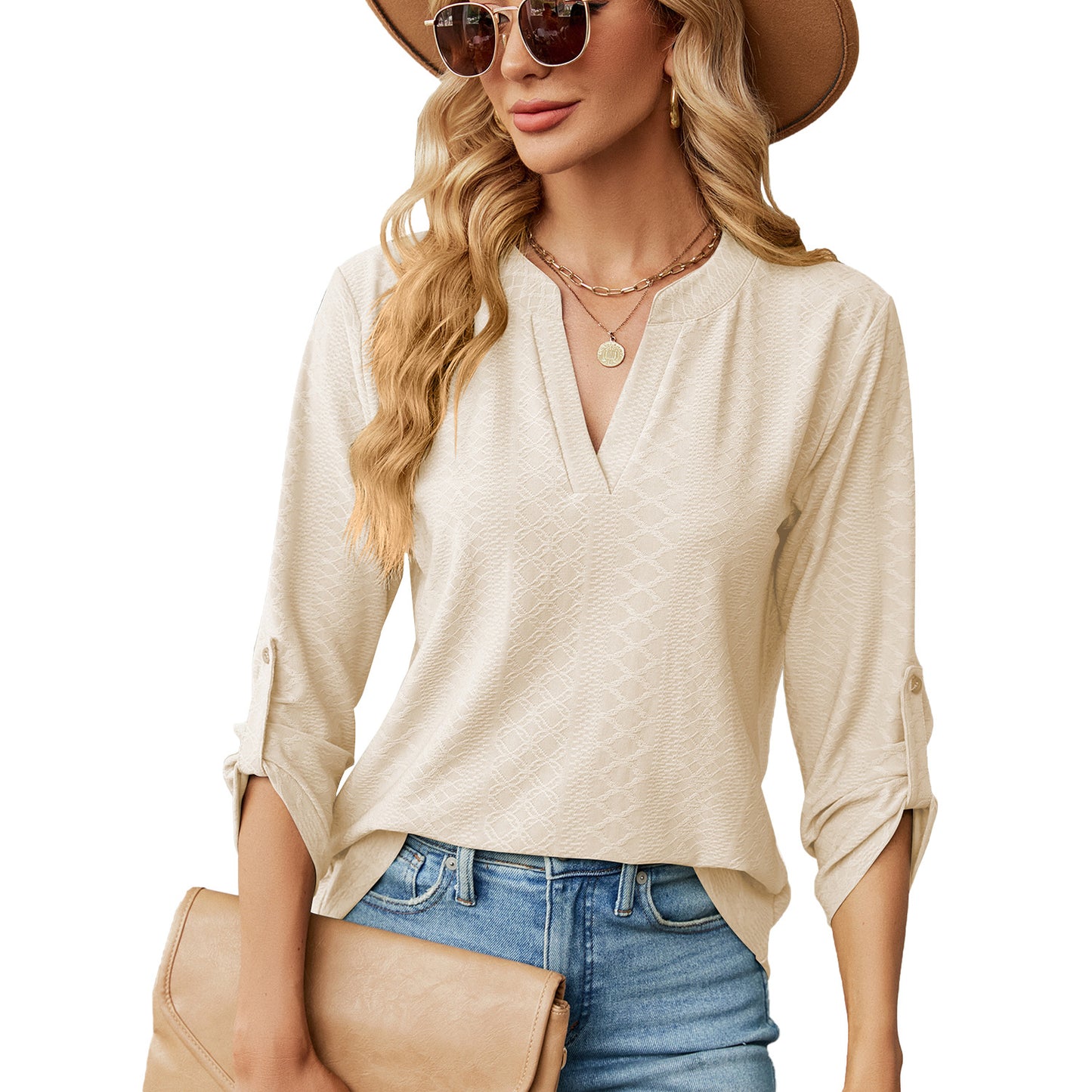 Women's Solid Color Three-quarter Sleeve Button Loose-fitting Tops