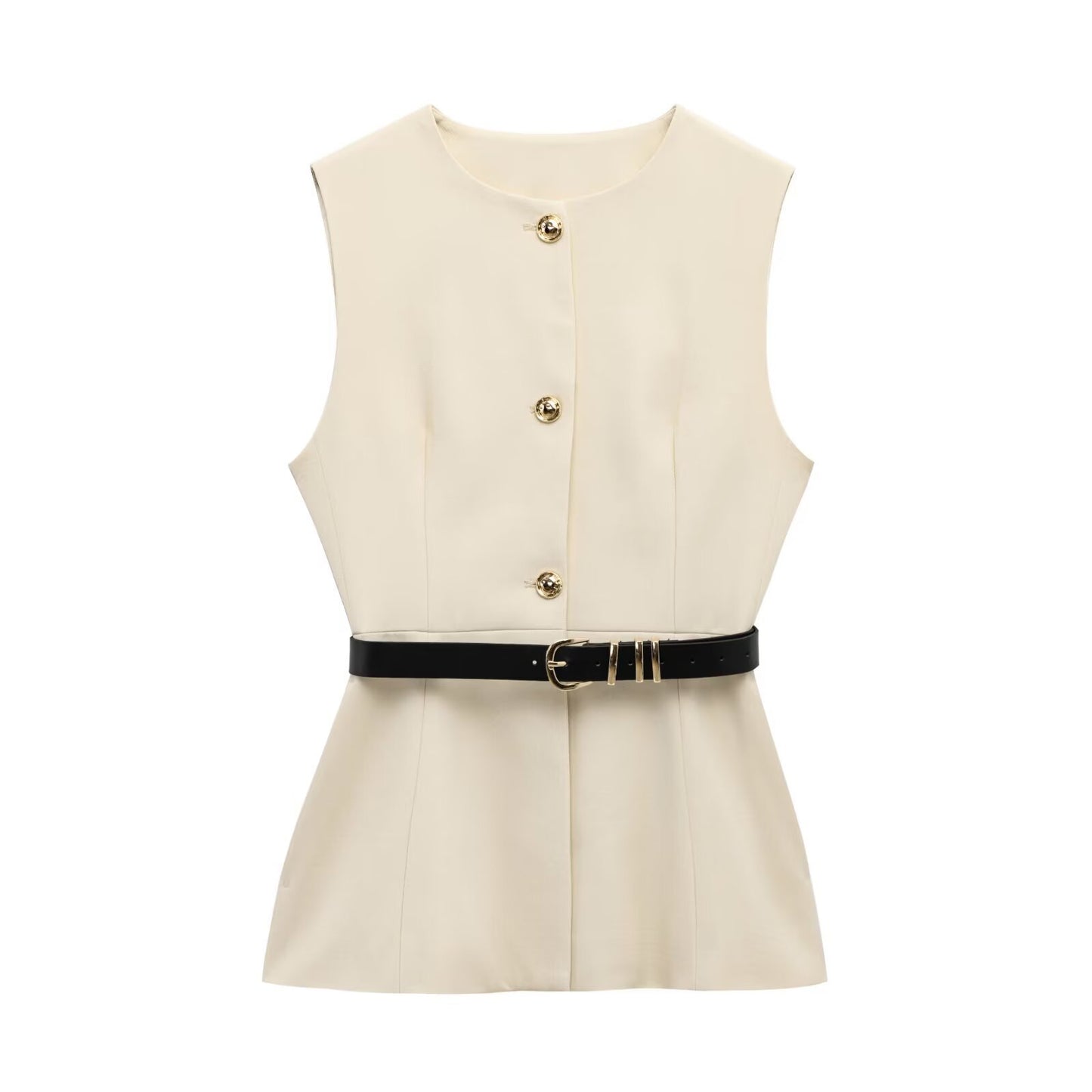 Women's Spring Round Neck Sleeveless With Belt Tops