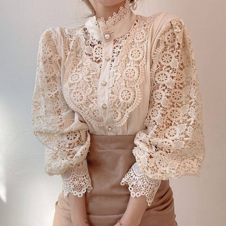 Lace Hollow Flower Stitching Long Sleeve Blouses