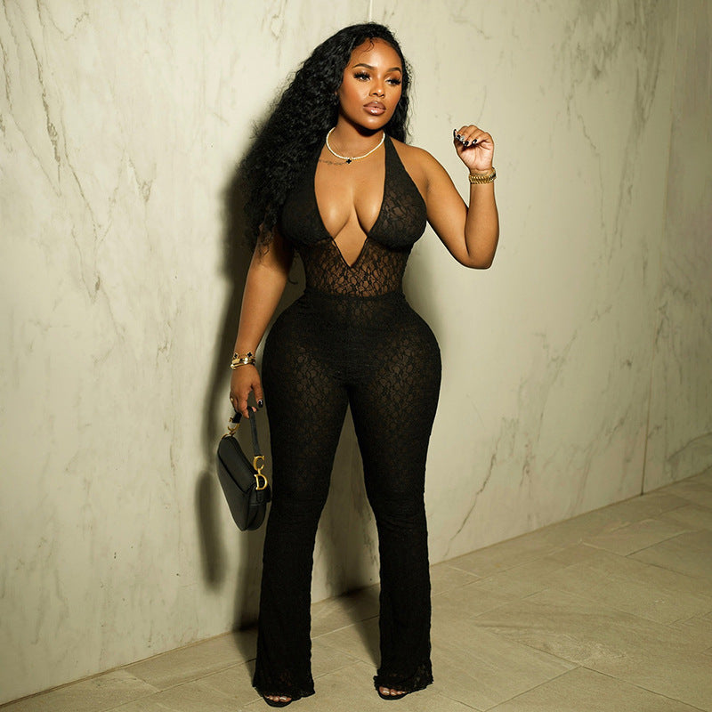 Women's Autumn Sexy Fashion Halter Deep Lace Jumpsuits