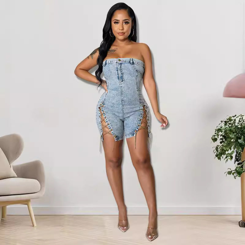 Women's Spring Wear Copper Chain Sexy Denim Jumpsuits