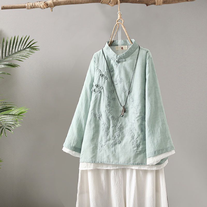 Women's Button Ramie Cotton Shirt Spring Style Zen Tea Gown Blouses