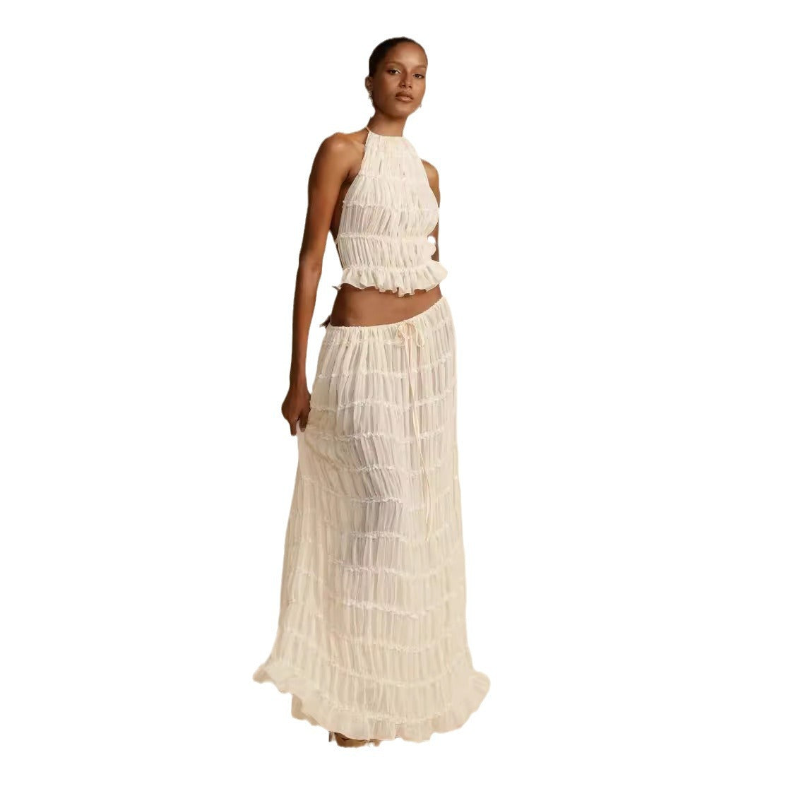 Summer Backless Halter Strap Drawstring Chiffon Dresses