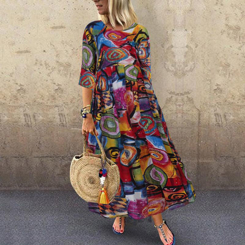 Women's Long Retro Bohemian Pleated Sleeve Waist Dresses