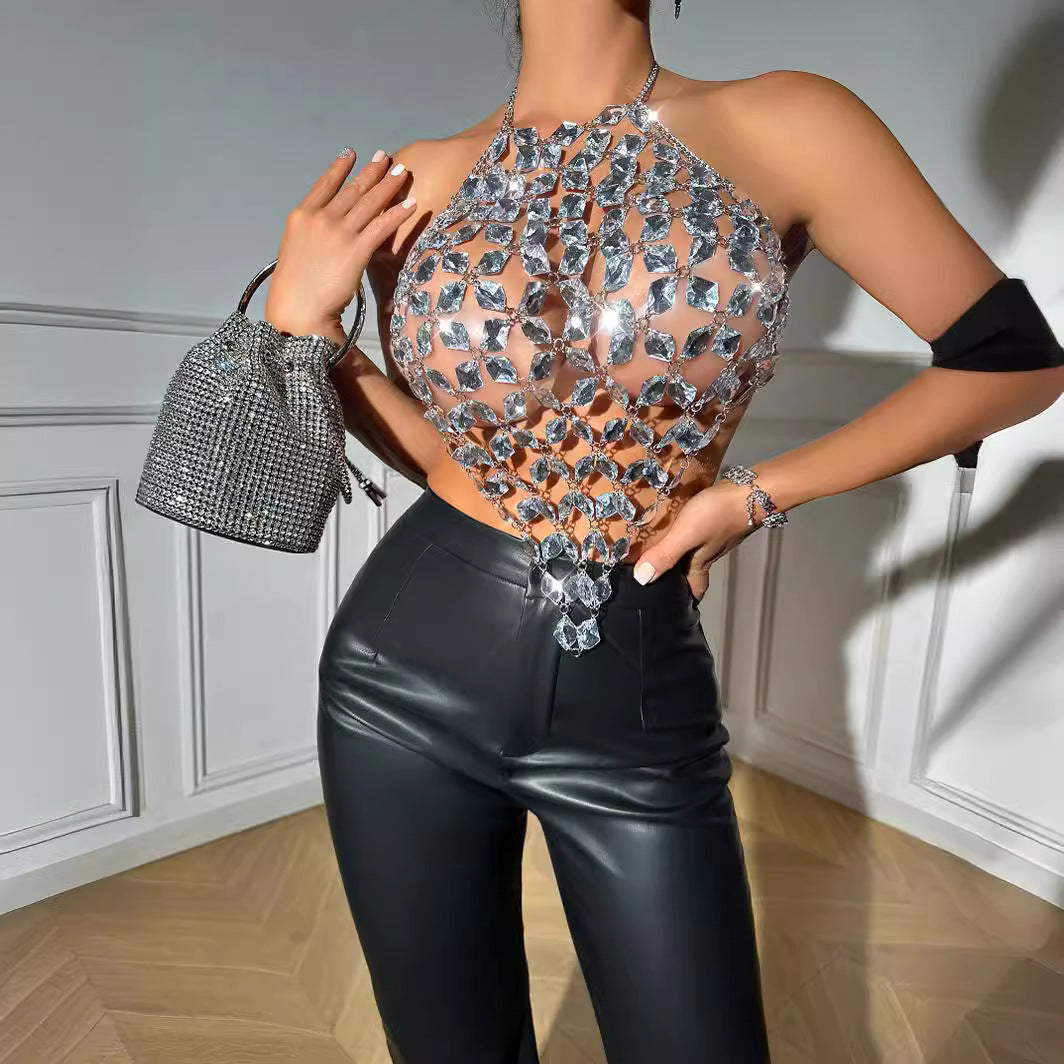 Women's Gem Hand Stitching Model Style Halter Tops