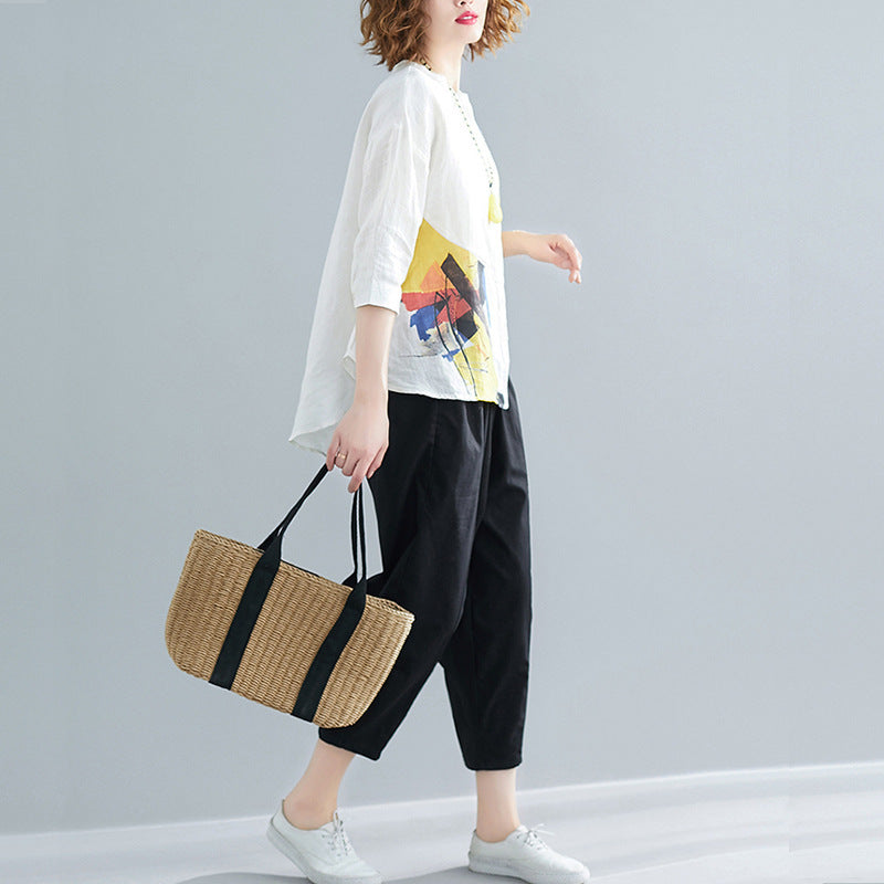 Women's Summer Loose Printed Chiffon Irregular White Shirt Casual Suits