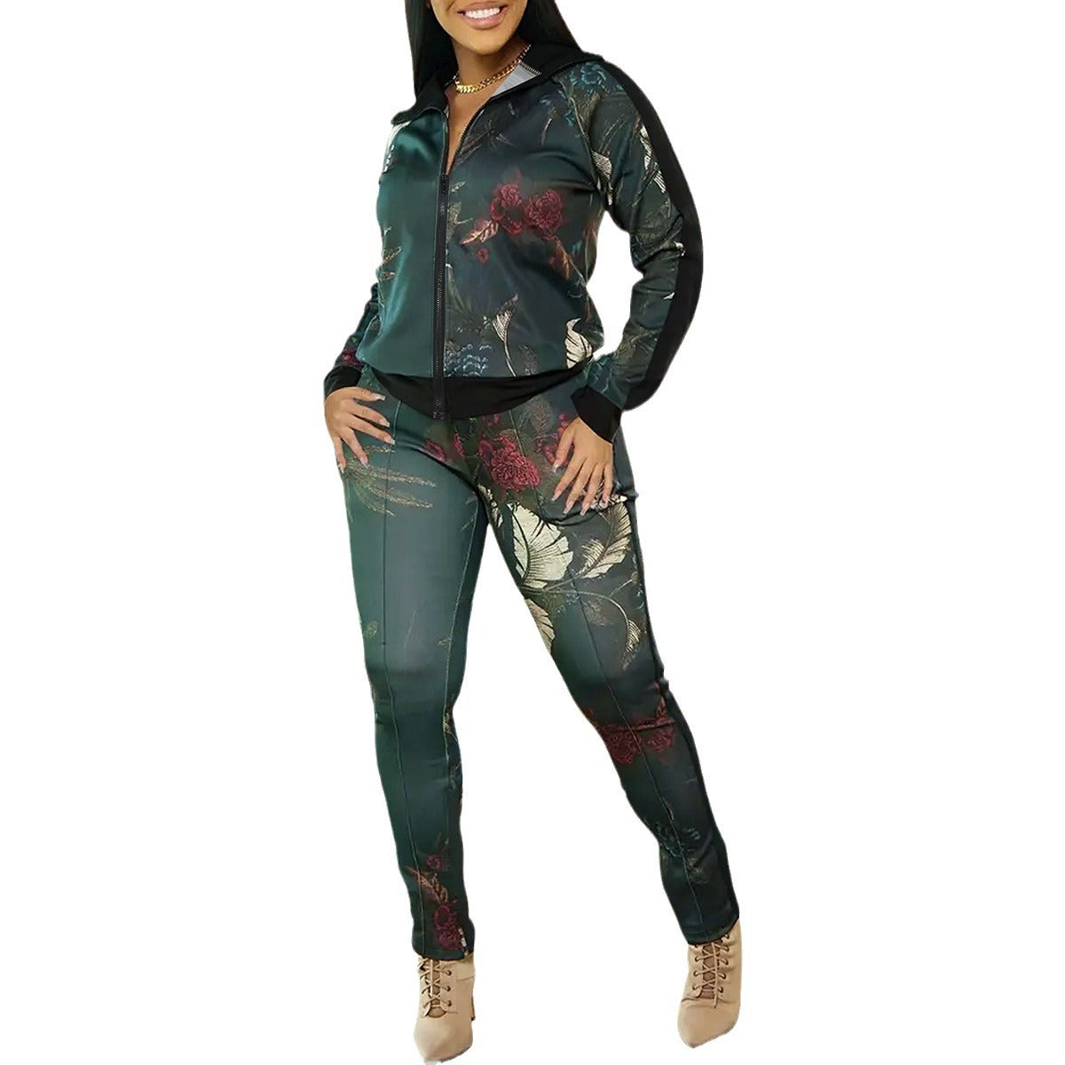 Women's Zipper Fly Collar Long Sleeves Trousers Suits