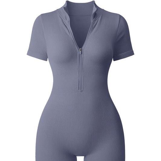 Women's Pattern Sleeve Zipper Front Sports Yoga Jumpsuits