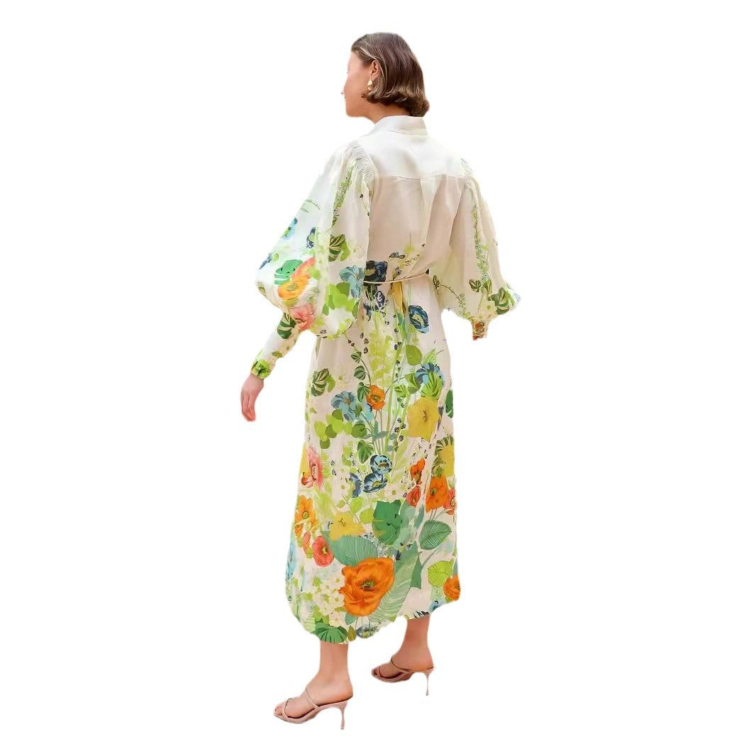 Single-breasted Long Lantern Sleeve Iti Printing Dress