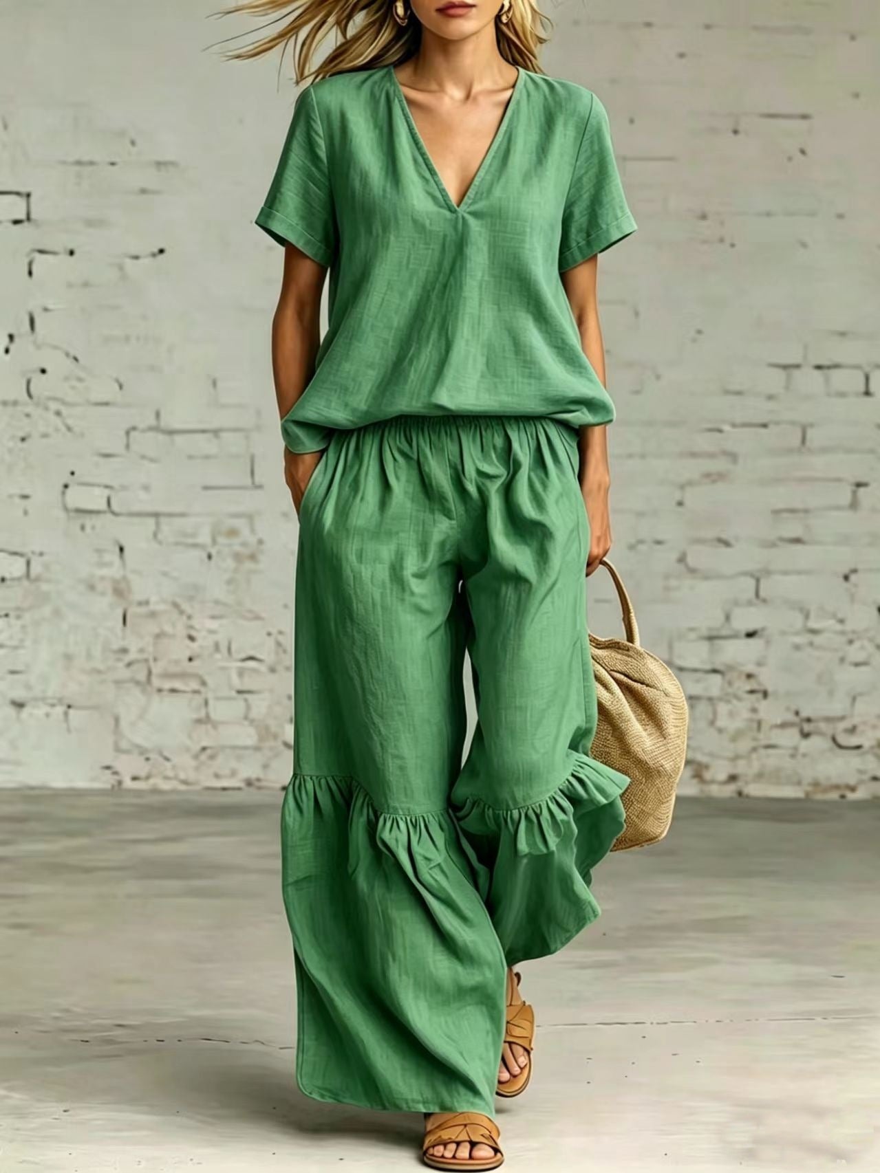Women's Solid Color Loose Short-sleeved Trousers Two-piece Fashion Casual Suit