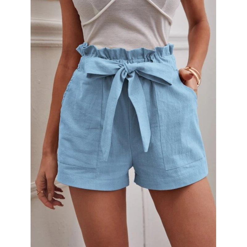Women's Linen Leisure Pocket Solid Color Waist Shorts