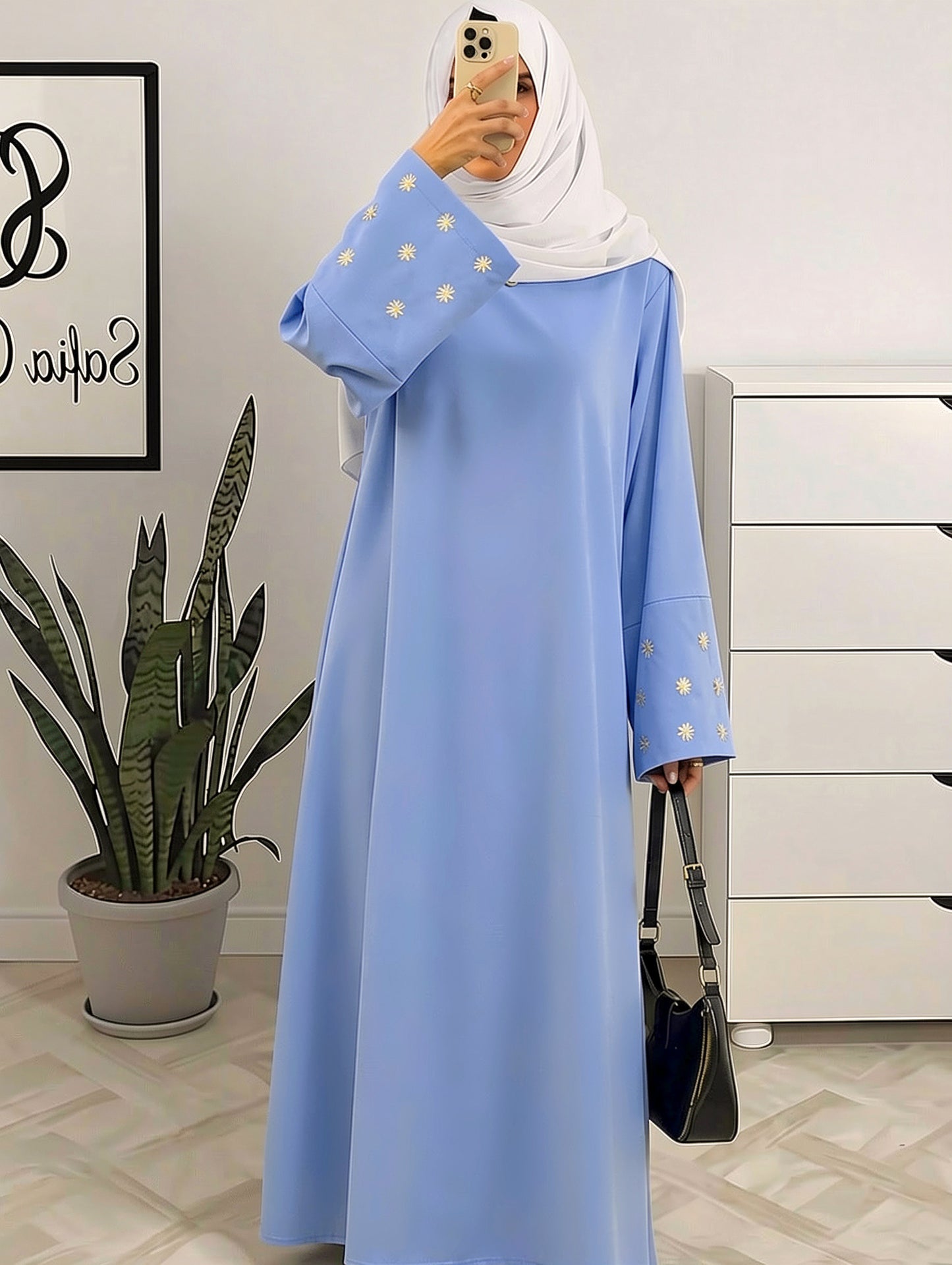 Women's Embroidered Long-sleeved Loose Round Neck Solid Color Temperament Commuting Dress