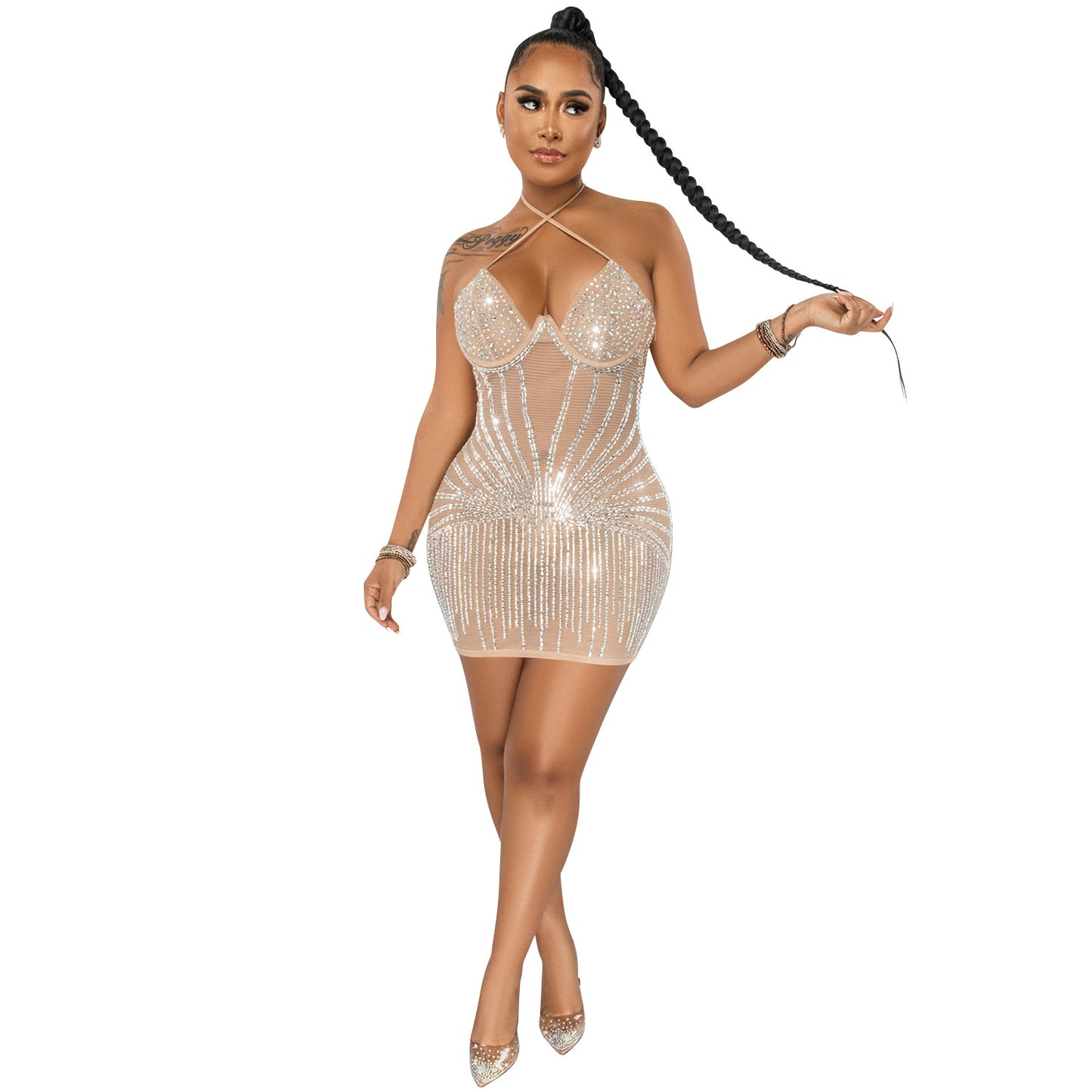 Sexy Spaghetti Straps Chest Wrap Rhinestone Dresses