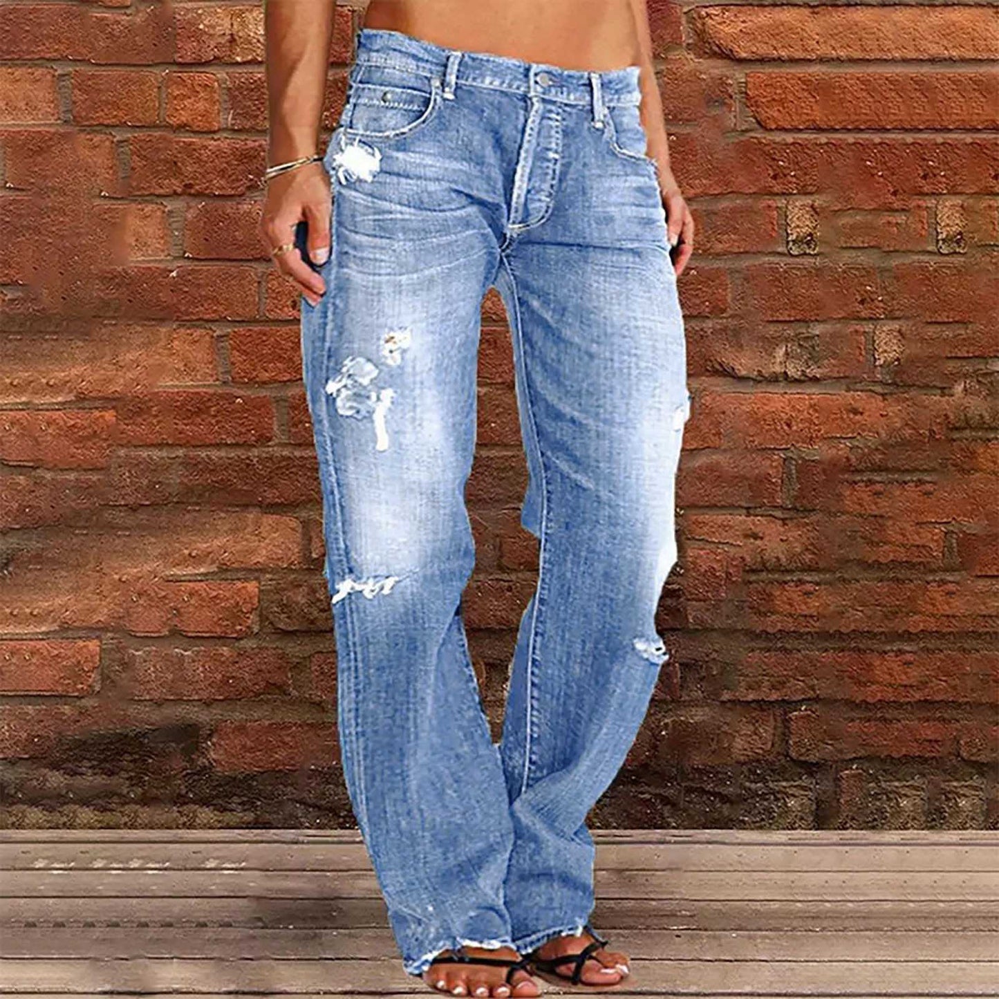 Women's Denim Trousers Trendy Distressed Ripped Leisure Pants