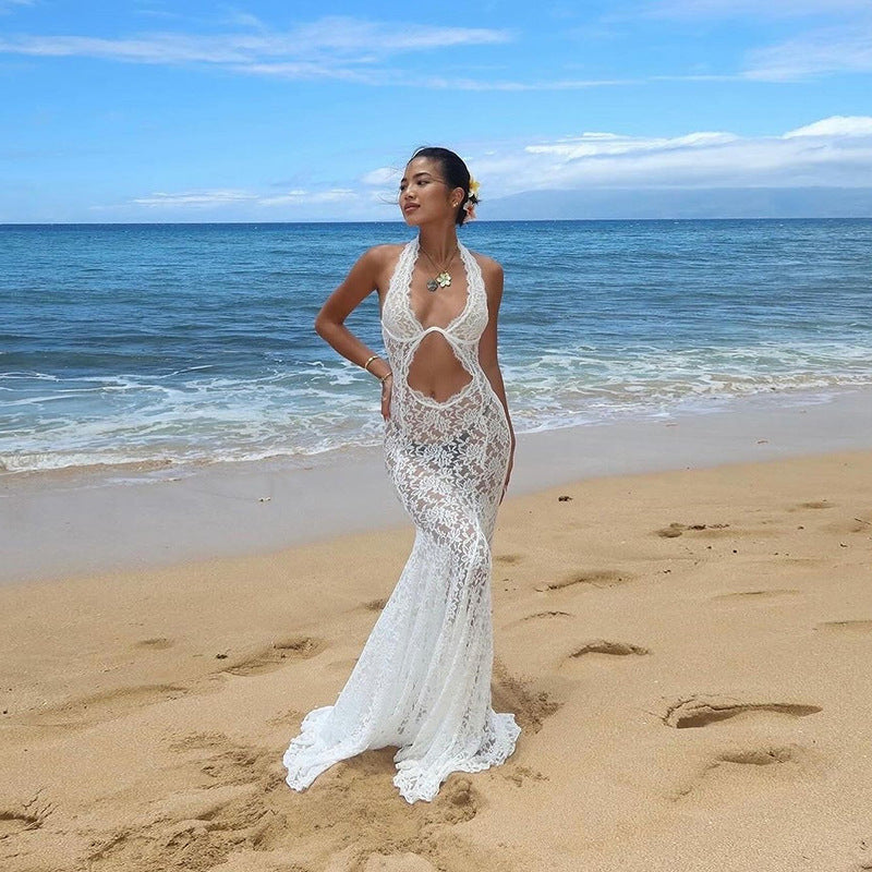 Women's Summer Temperament Lace Halter Long Dress Sexy Dresses