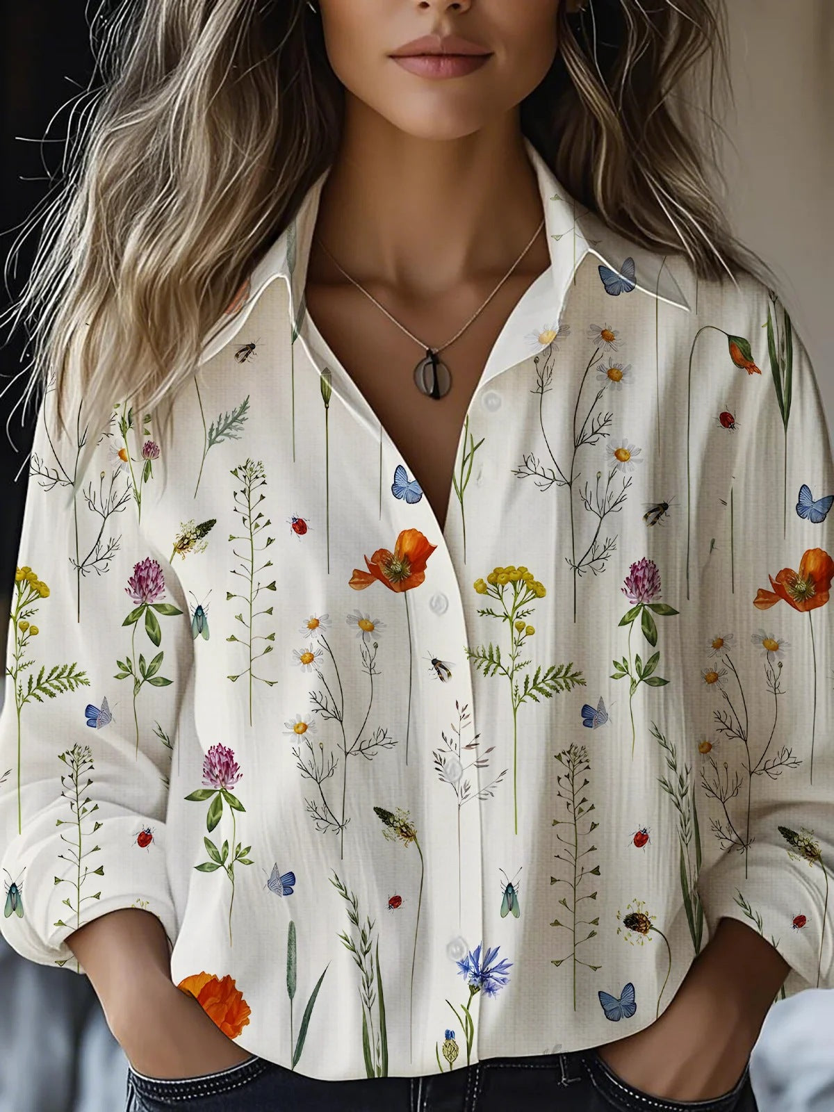 Printed Long-sleeved Shirt Imitation Cotton Linen Blouses