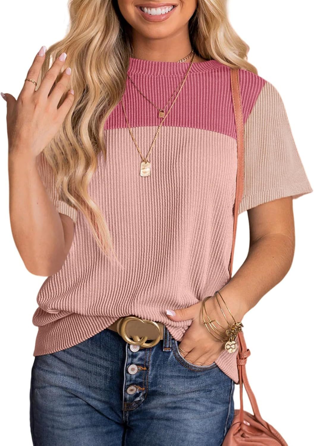 Women's Summer Stitching Stripe Short-sleeved T-shirt Pullover Blouses