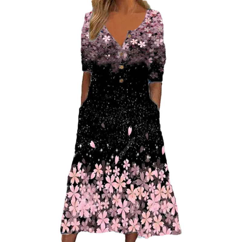 Women's Printed Pocket Clinch Long Dress Plus Size