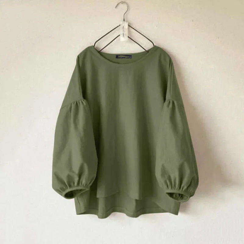 Women's Long Sleeve Round Neck Shirt Solid Color Tunic Blouses