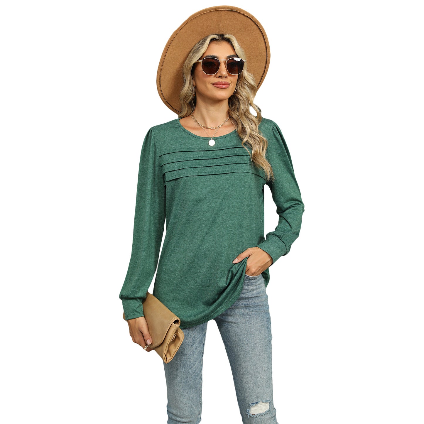 Women's Solid Color Pleated Long-sleeved T-shirt For Tops