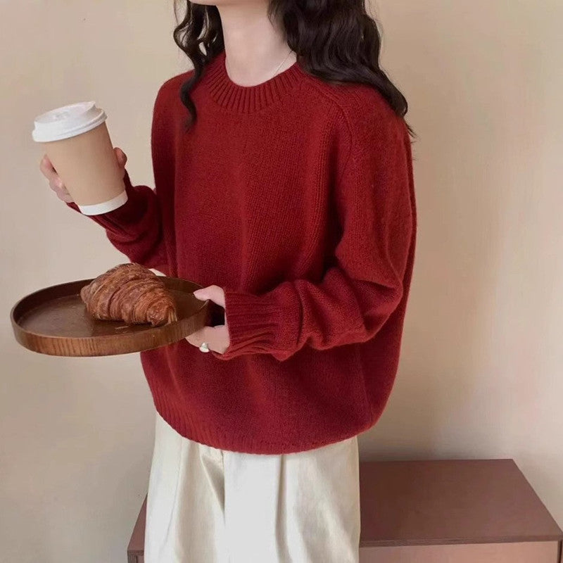 Women's Retro Lazy Style Solid Color Round Neck Loose Pullover Sweater