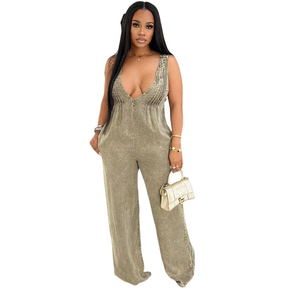 Women's Denim Solid Color Backless Sleeveless Loose Jumpsuits