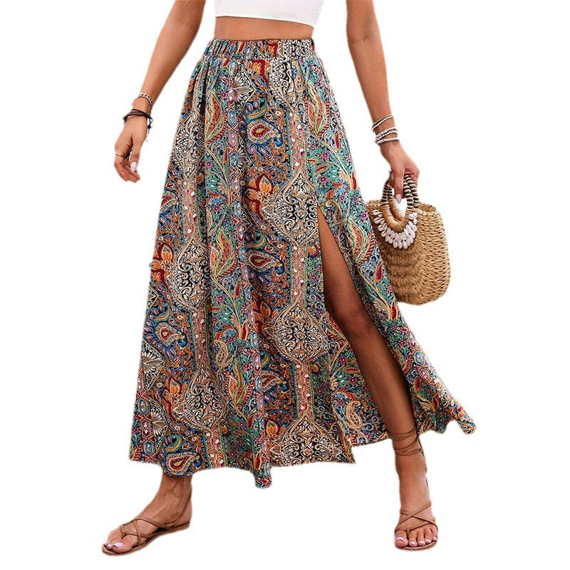 Women's National Style Personalized Printed Slit A- Skirts
