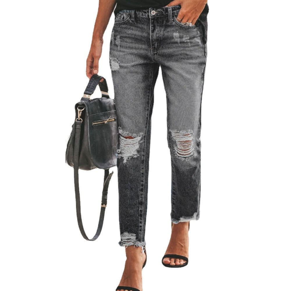 Women's Summer Denim Temperament Ripped Trousers Clothes Jeans