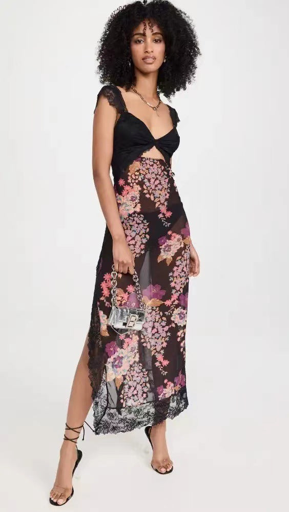 Women's Lace Backless Shoulder Strap Stitching Slit Dresses