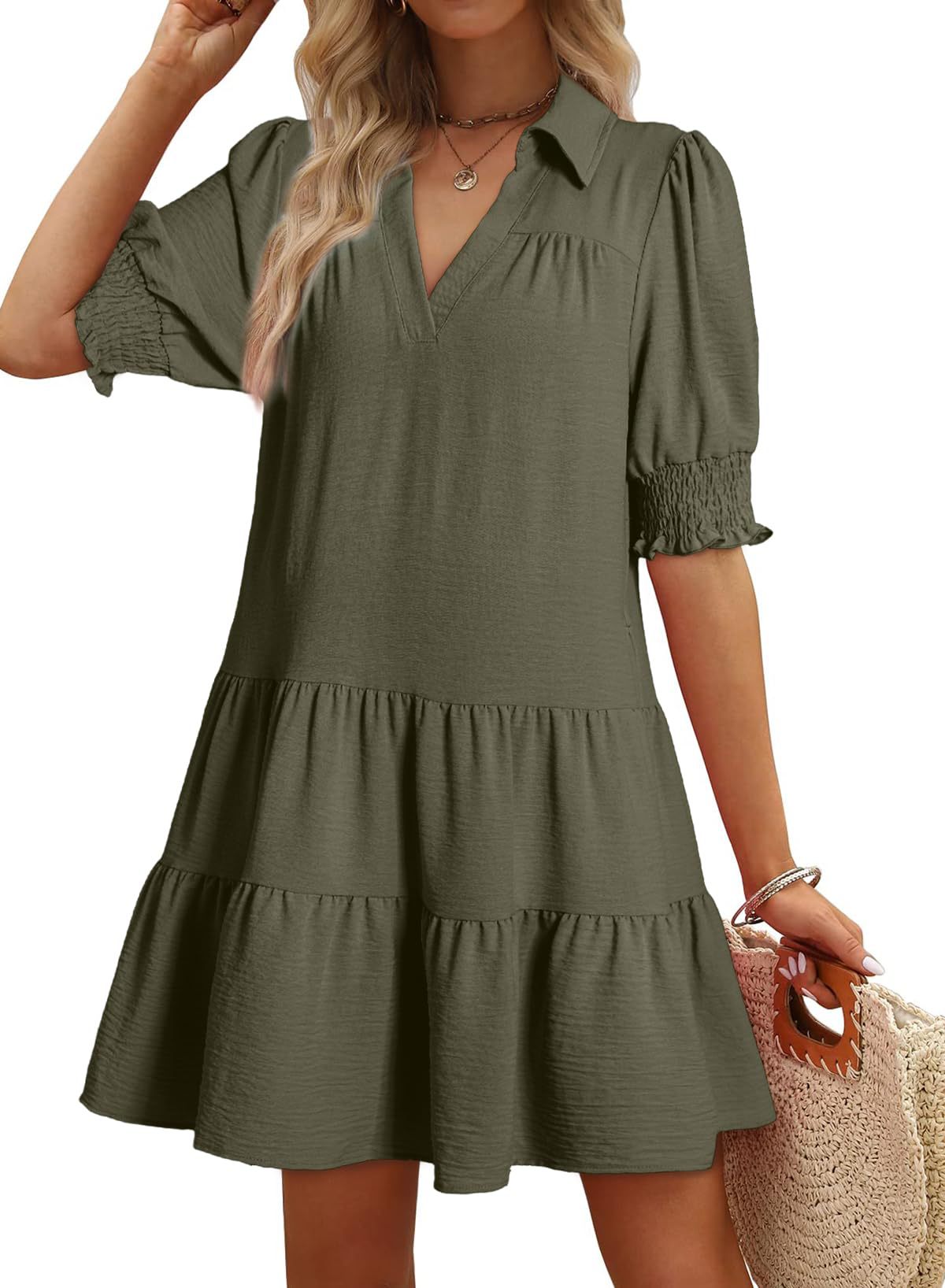 Women's Pleated Solid Color Splicing Package Sleeve Dresses