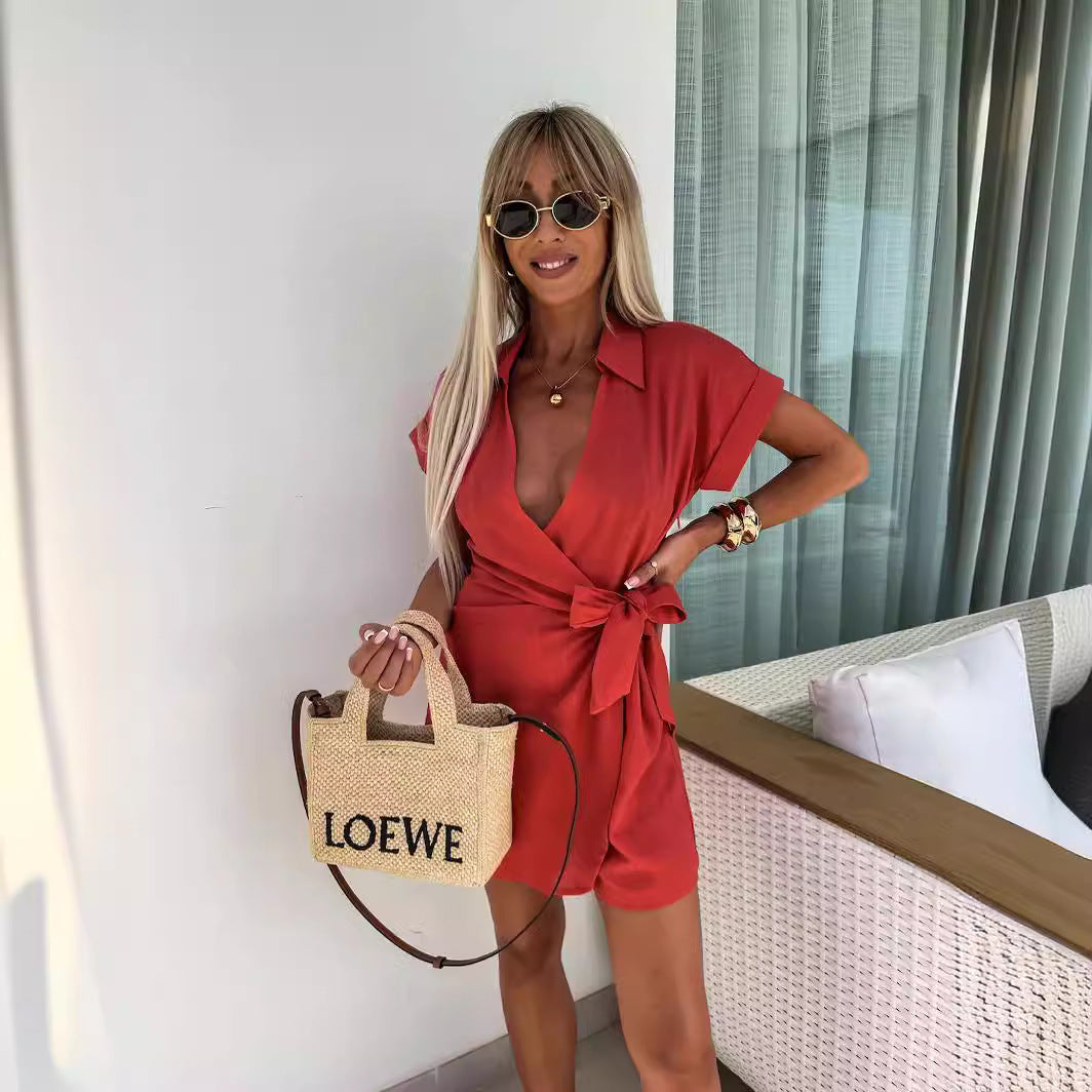 Women's Fashion Wear Casual Solid Color Classic Turn-down Jumpsuits