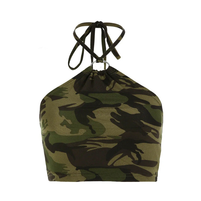 Women's Sexy Ring Camouflage Print Sleeveless Backless Tops
