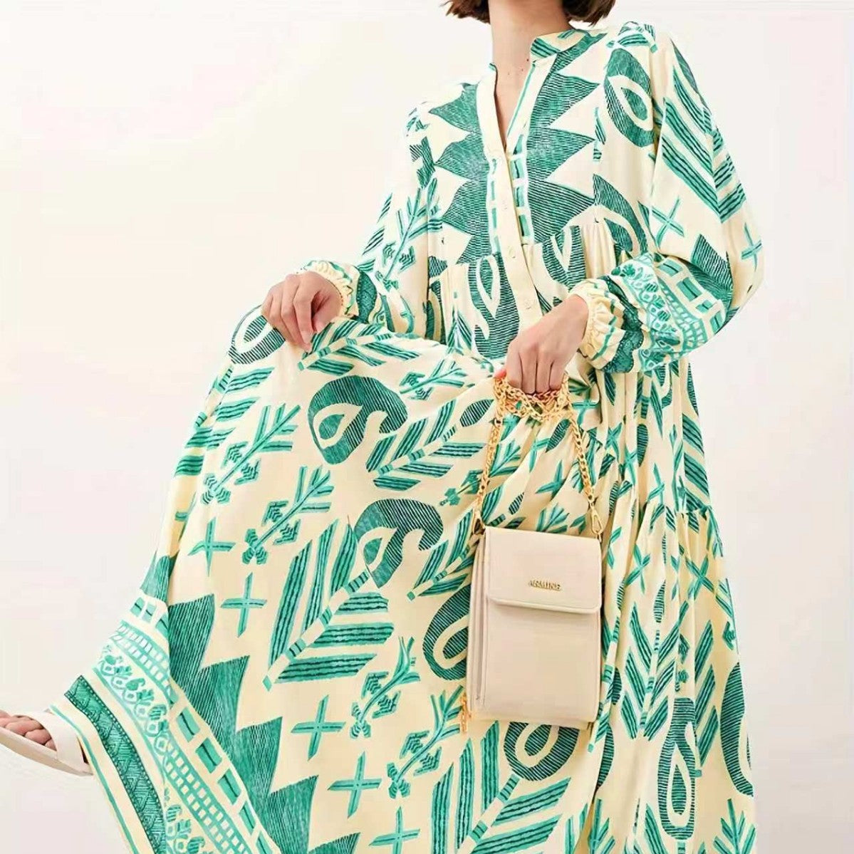Women's Green Dignified Elegant Soft Comfort Printing Long Dress