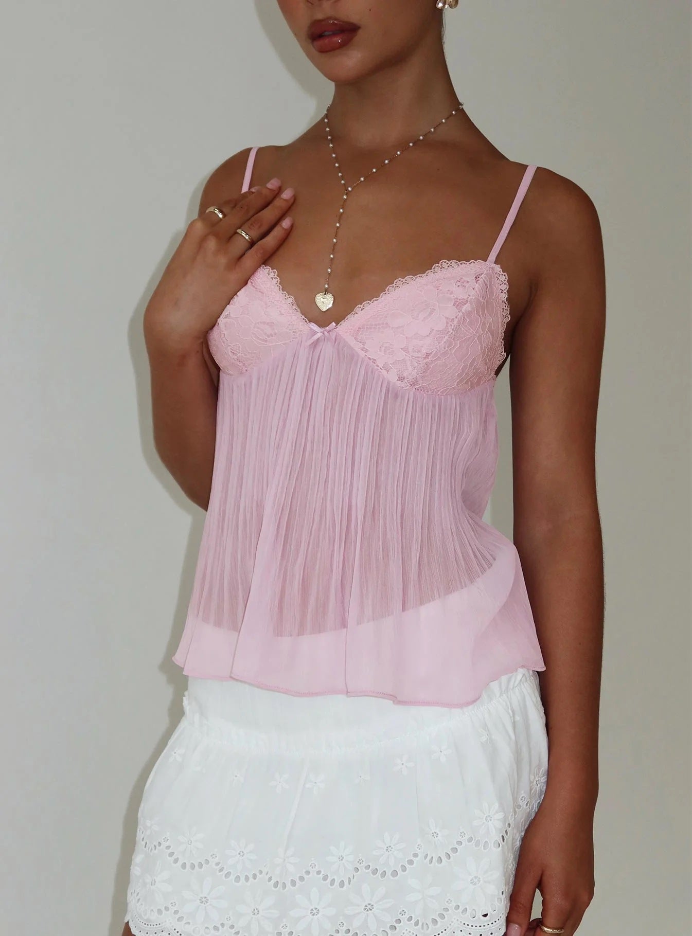 Women's Pleated Summer Thin Sweet Sexy Lace Tops