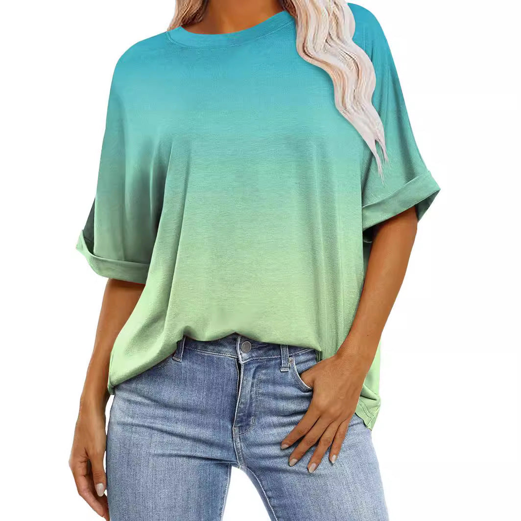 Women's Gradient Color Sleeve Casual Round Neck Blouses