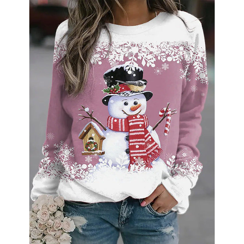 Women's Christmas Snowman Printed Long-sleeved Casual Loose Blouses