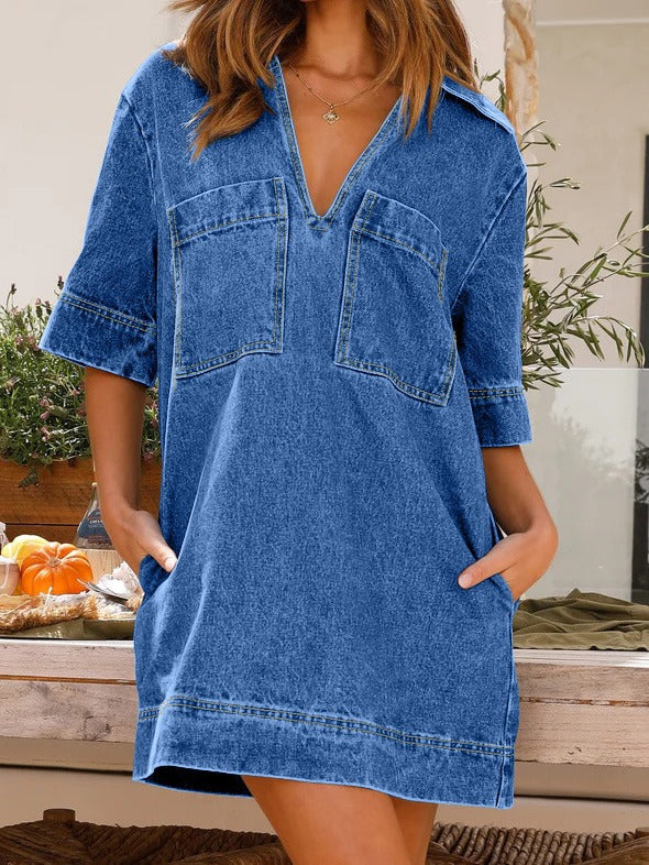 Versatile Lapel Sleeve Loose Denim Dress Dresses