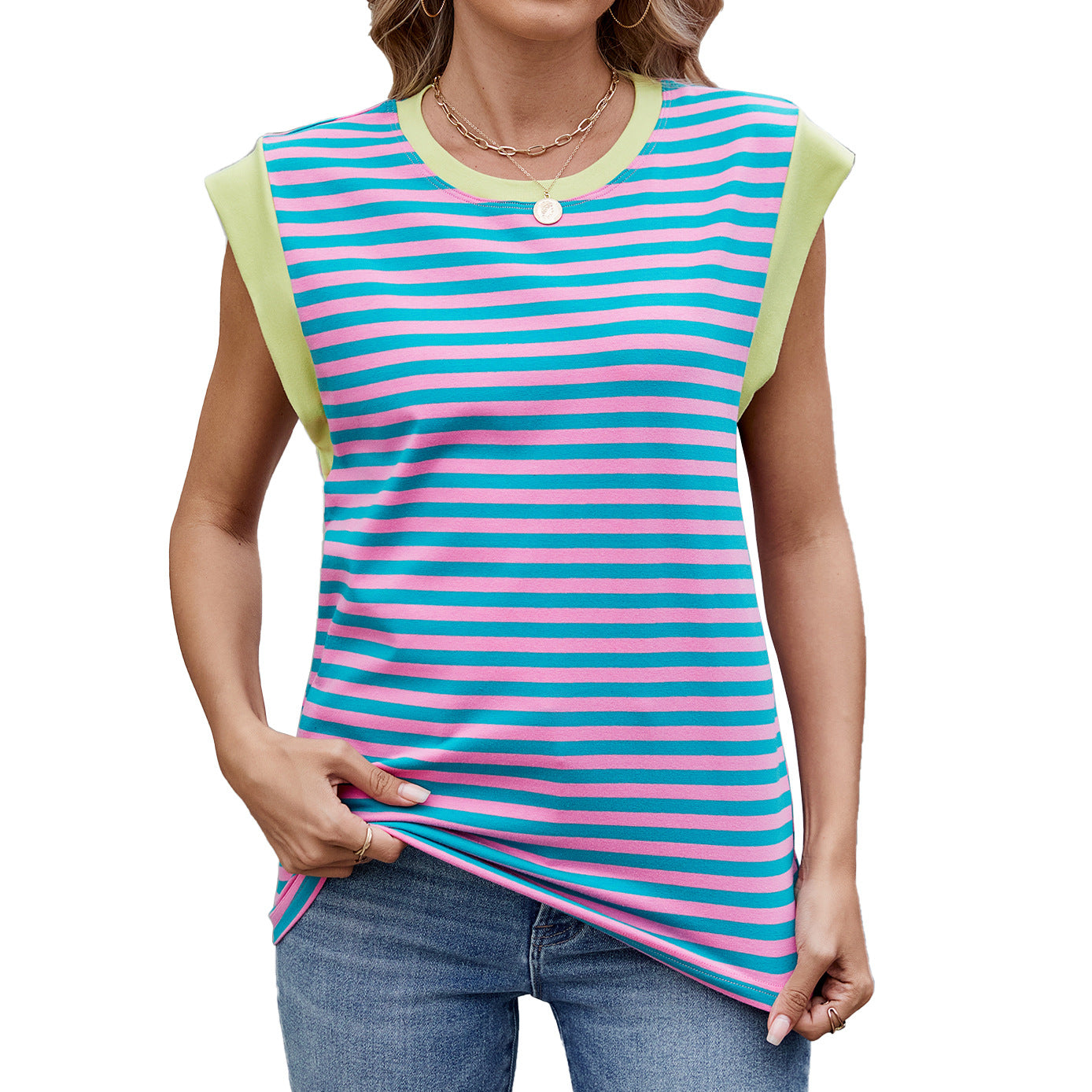 Women's Striped Contrast Color Round Neck Loose Blouses
