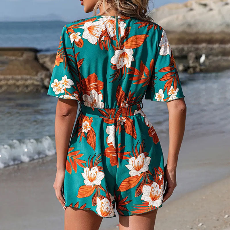 Women's Beach Vacation Style Ruffle Sleeve Cross Jumpsuits