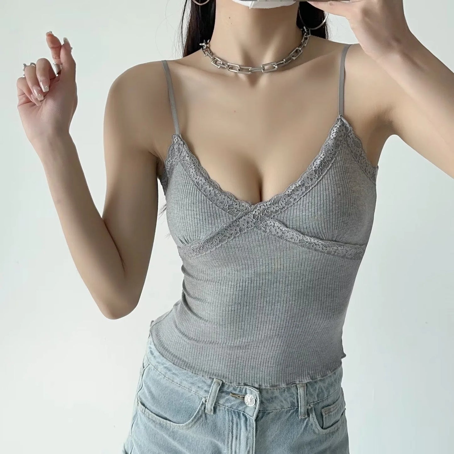 Women's Summer Fresh Lace Edge Sling Stretch Skinny Tops