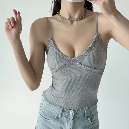 Women's Summer Fresh Lace Edge Sling Stretch Skinny Tops