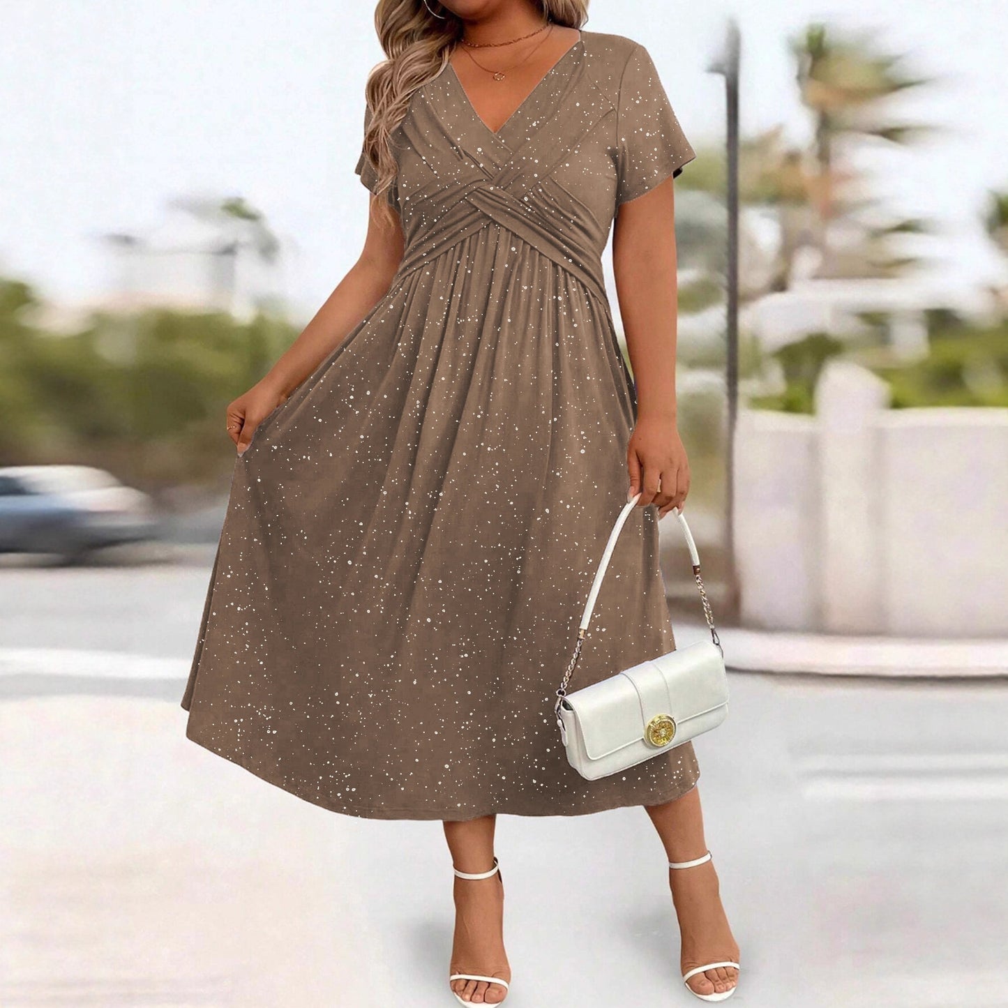 Women's Dusting Powder Shiny Twisted Sleeve With Dress