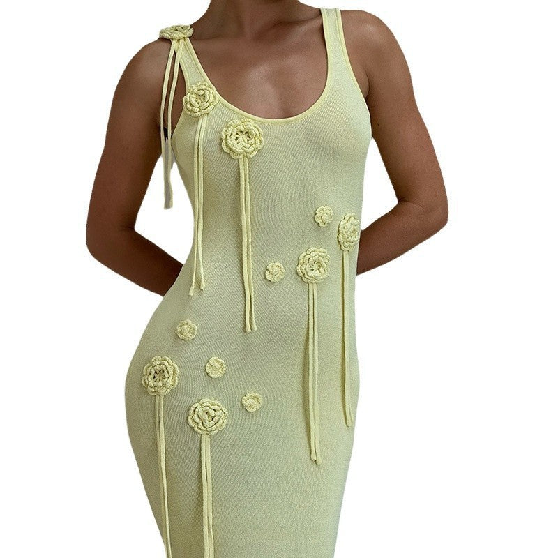 Women's Beach Dress Solid Color Knitted Floating Flower Dresses
